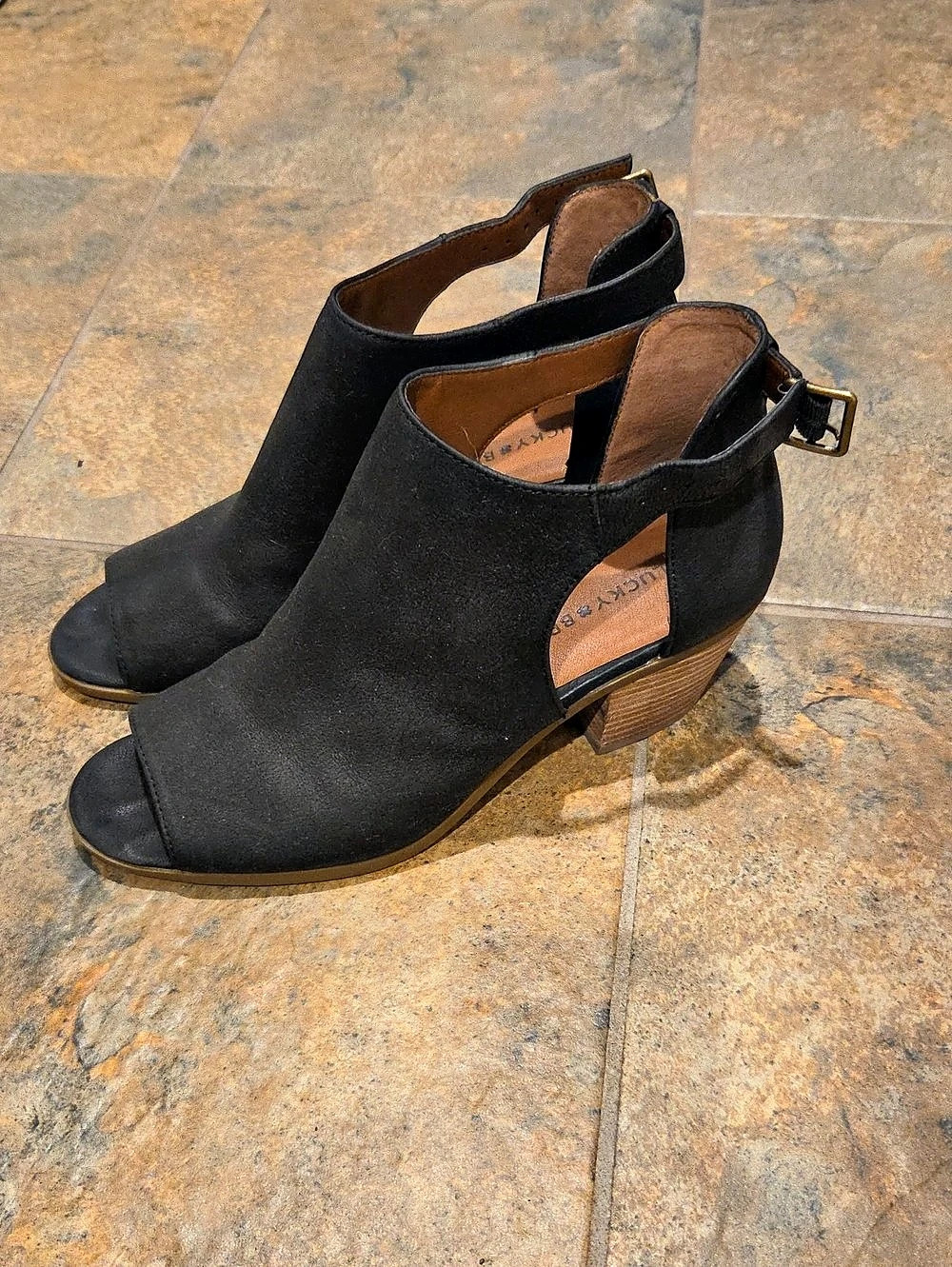 Lucky Brand Barimo Open Toe Leather Bootie Black & Brown